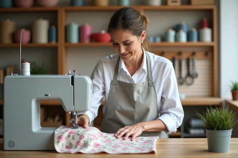 Femme utilisant une machine à coudre moderne dans un atelier de couture maison bien organisé