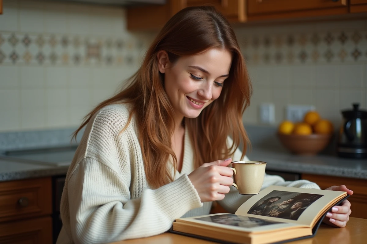 Femme souriante regardant un album photo dans la cuisine