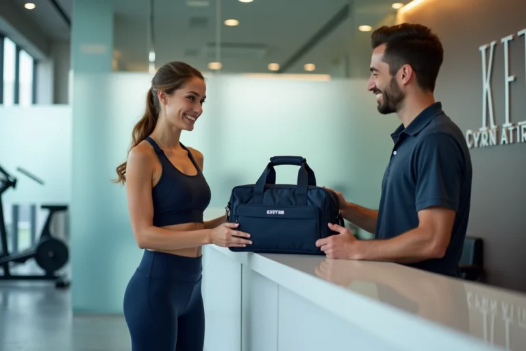 Une femme reçoit son sac Basic Fit à l'accueil d'une salle de sport moderne