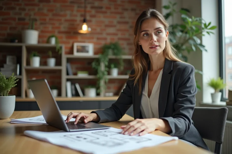 Femme consultant des annonces immobilières sur ordinateur portable dans un bureau moderne