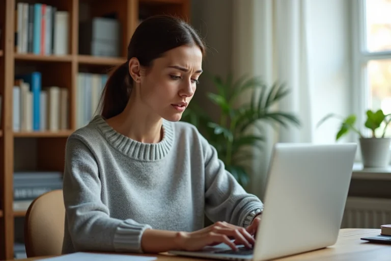 Femme tapant sur son ordinateur portable pour retrouver son identifiant Banque Postale depuis son bureau à domicile