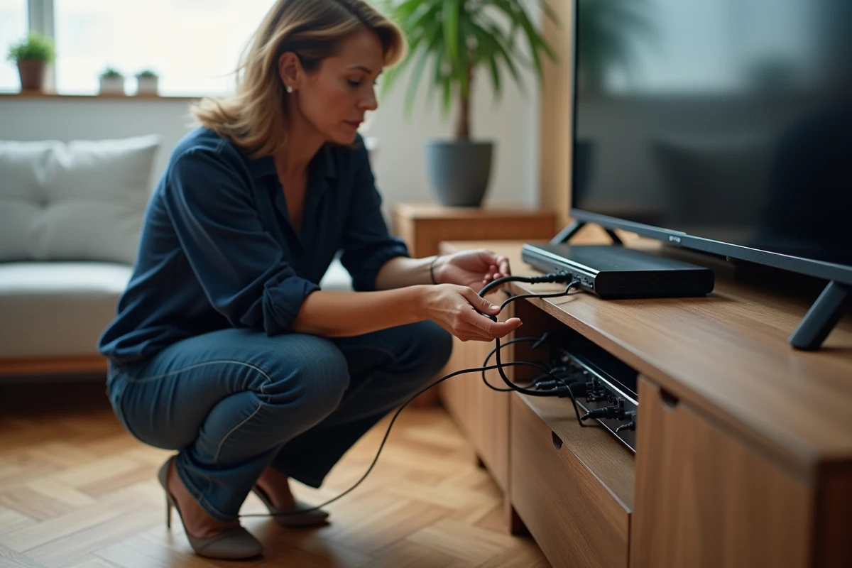 Femme vérifiant les câbles et connexions du décodeur Orange pour résoudre une erreur S01-06