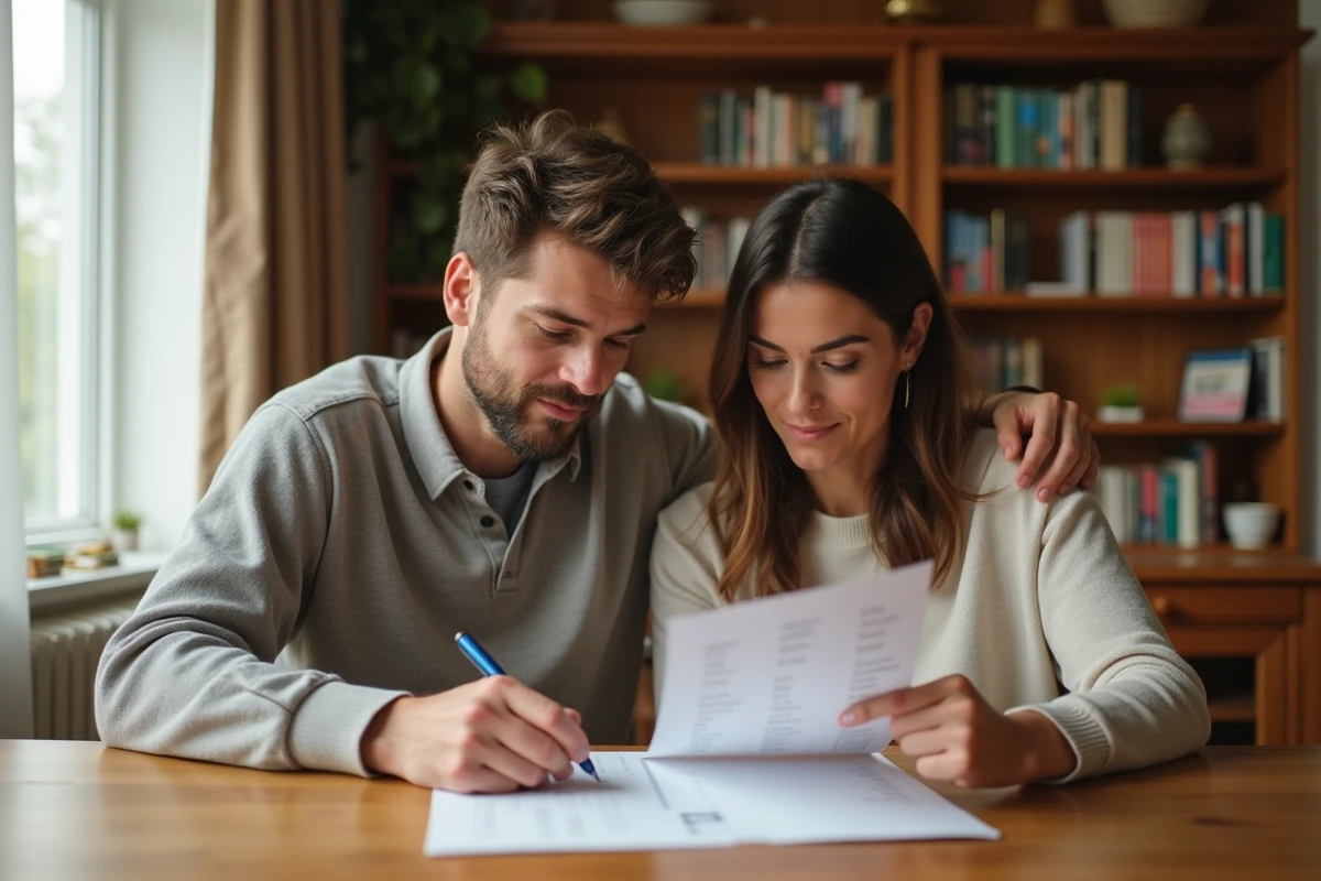 Un couple révise une liste d'invités imprimée à la table du salon avant de contacter les prestataires de mariage