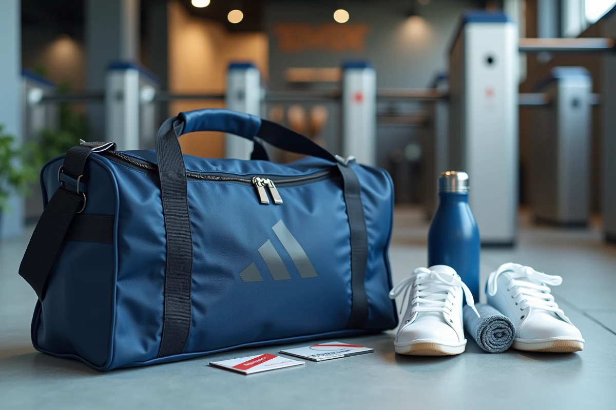 Vue de dessus d'un sac Basic Fit avec accessoires de sport sur sol de salle de fitness