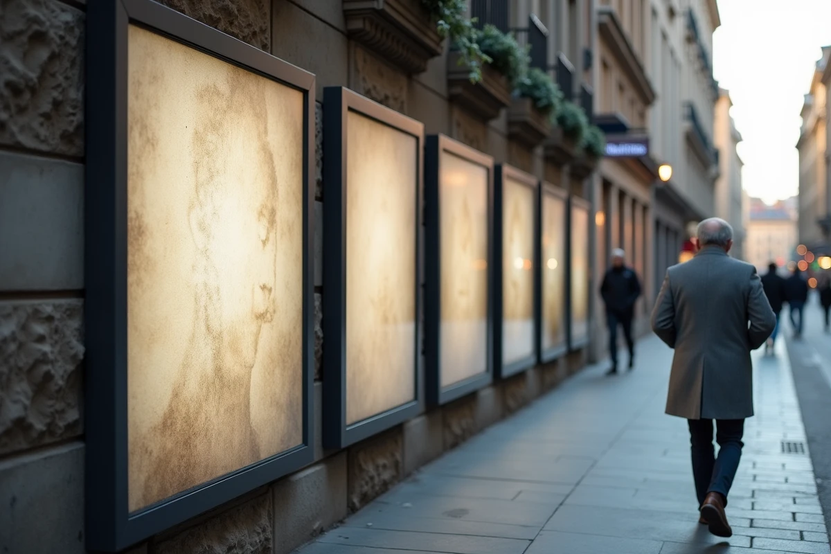 Différents formats d'affiches publicitaires exposés sur un mur urbain avec passant observant les panneaux