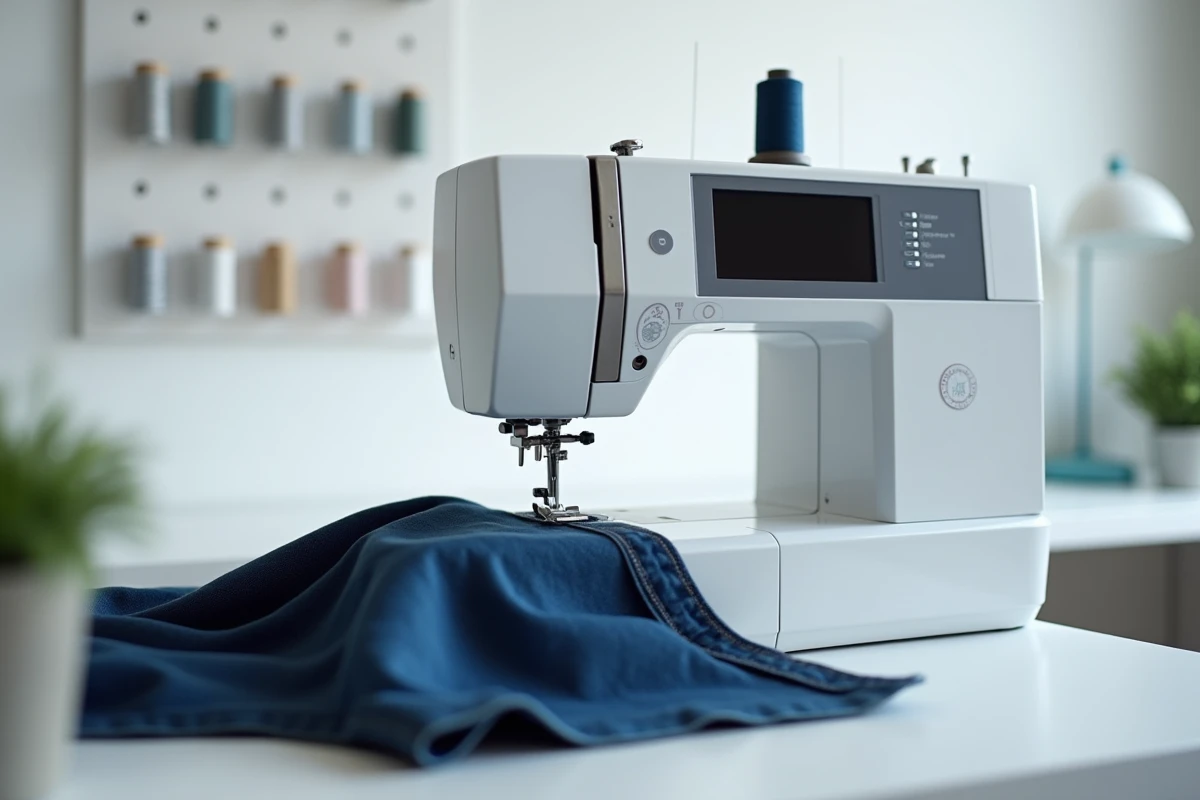 Gros plan sur le panneau de commande d'une machine à coudre numérique haut de gamme avec tissu denim