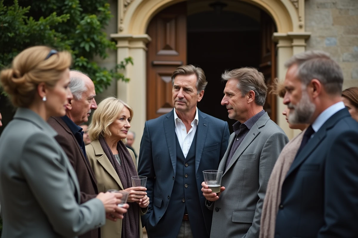 Groupe de invités discutant devant un château ancien