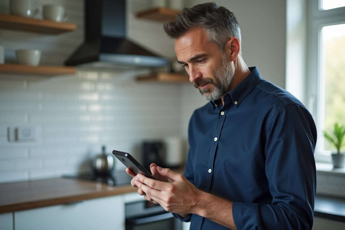 Homme consultant son application bancaire sur smartphone pour récupérer l'accès à son compte La Banque Postale
