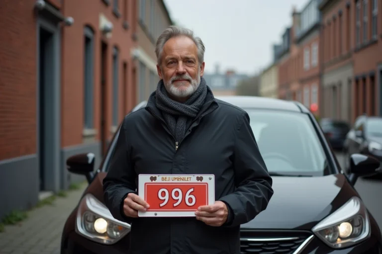 Homme belge tenant une plaque d'immatriculation rouge et blanche