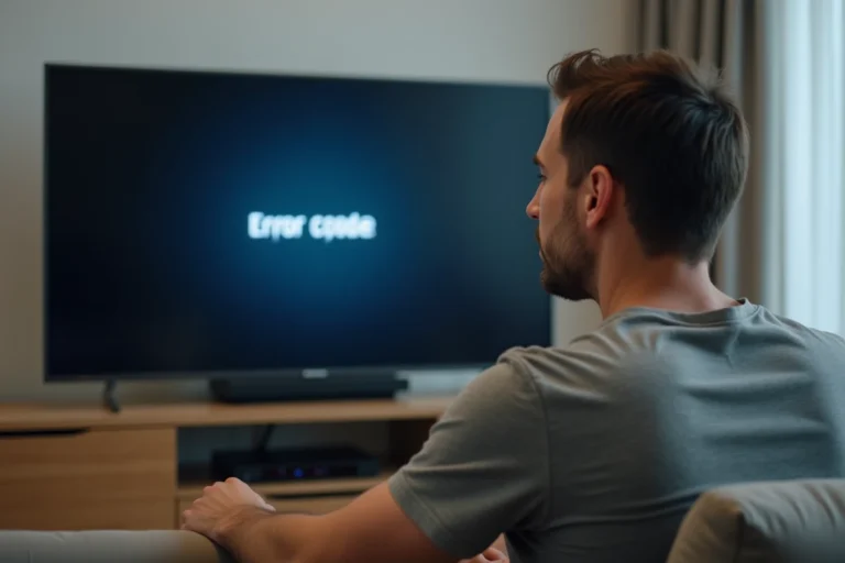 Homme frustré devant sa télévision affichant un code erreur S01-06 sur le décodeur Orange