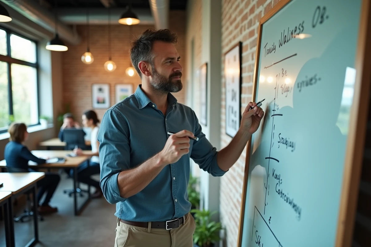 Homme en coworking écrivant une stratégie