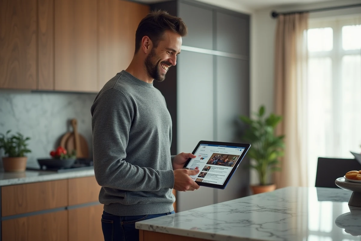 Homme lisant les nouveautés de glorianet.org sur une tablette dans une cuisine contemporaine