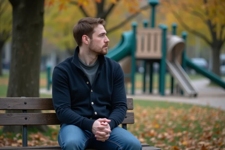 Homme contemplatif assis seul dans un parc urbain