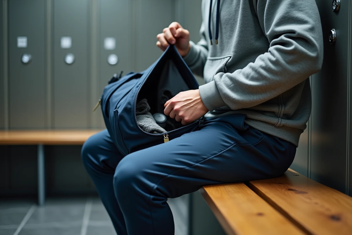 Un homme inspecte son sac Basic Fit dans un vestiaire de salle de sport