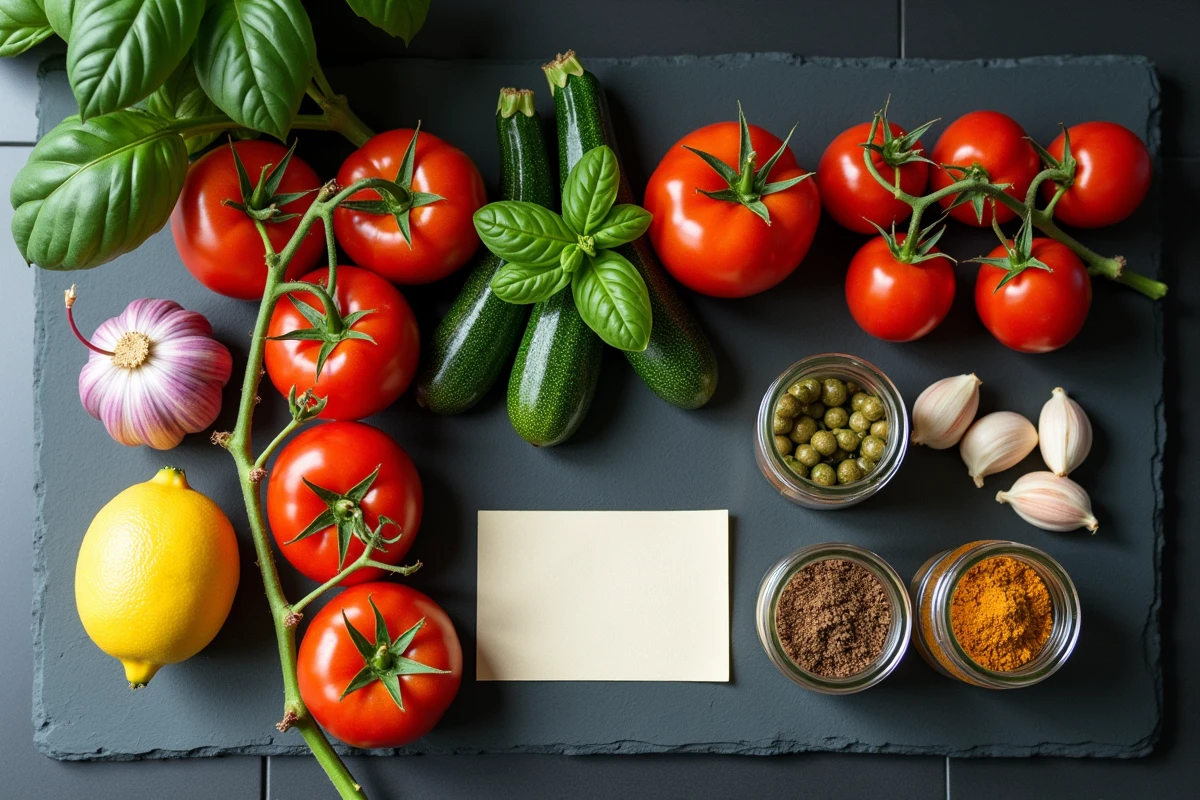 Vue aérienne d'ingrédients frais colorés disposés sur un comptoir en ardoise avec une fiche recette manuscrite pour une cuisine créative