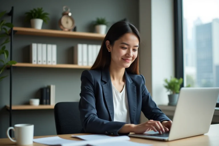 Jeune femme souriante au bureau à domicile