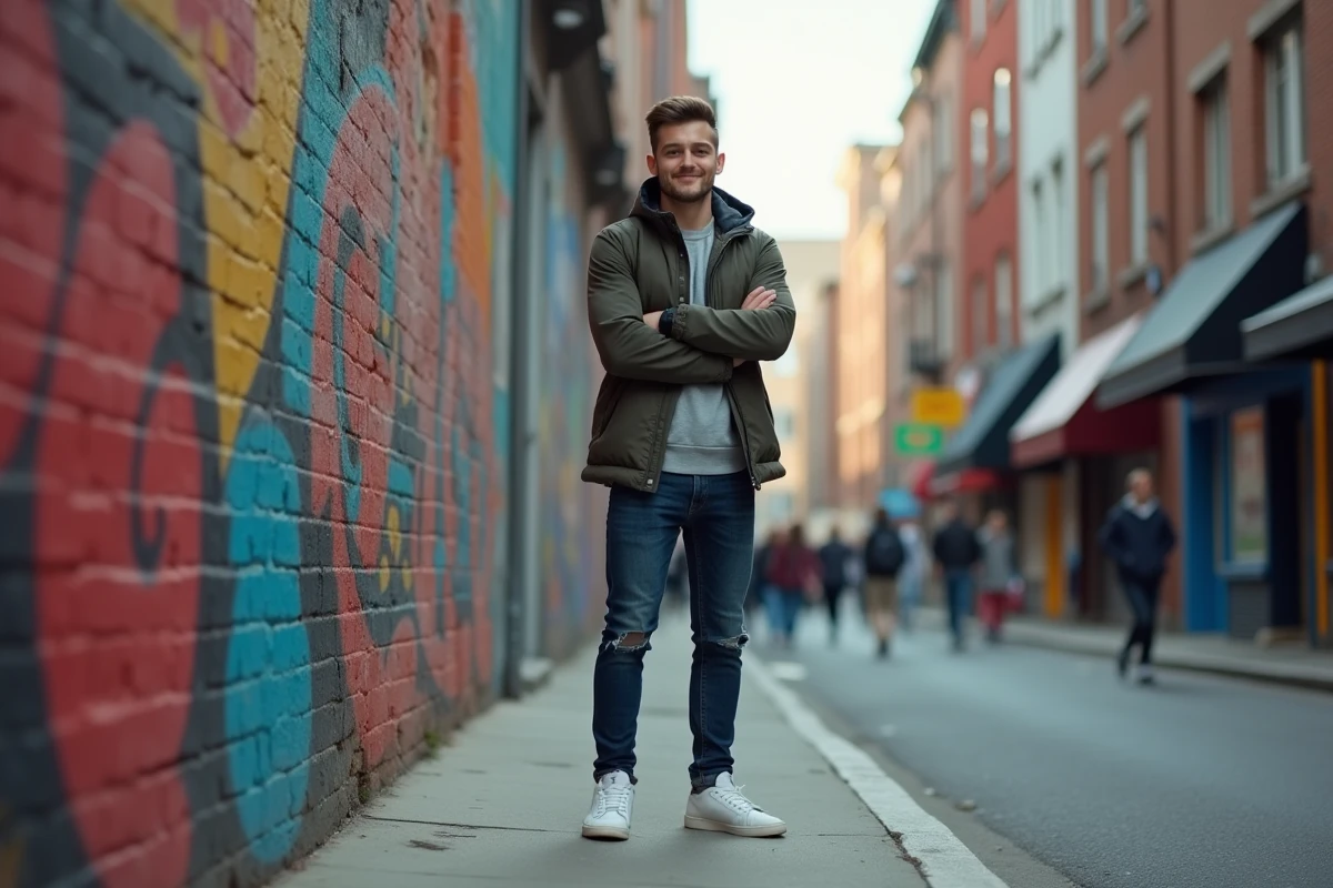 Jeune homme en tenue streetwear debout devant des fresques murales urbaines colorées dans un quartier créatif de ville