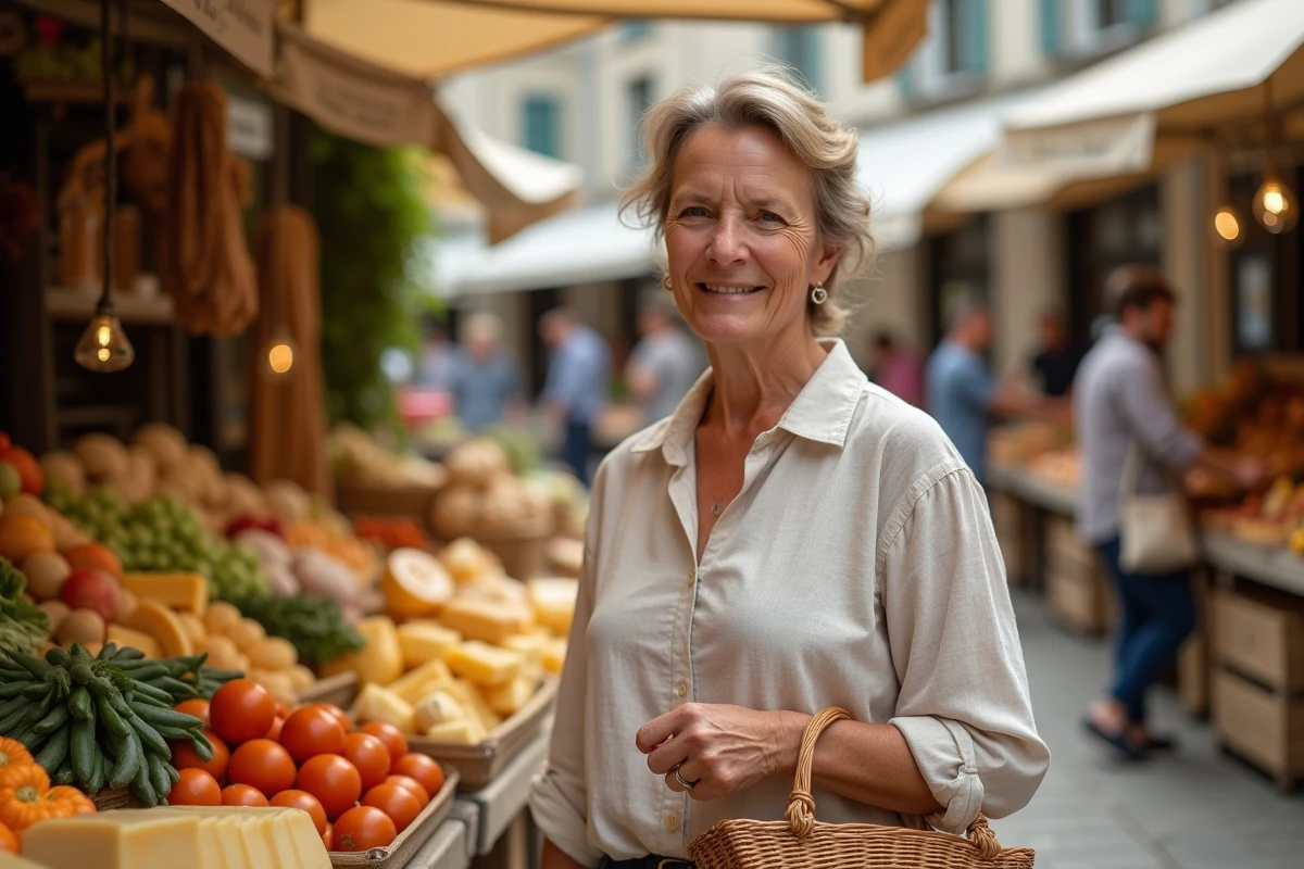 Femme faisant ses courses au marché local de Beynat avec des produits frais et régionaux de Corrèze