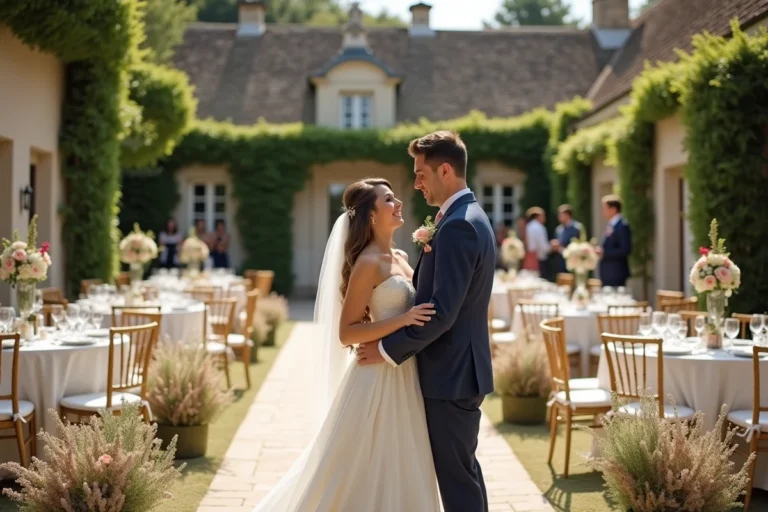 Vue large d'un mariage en plein air dans un domaine de campagne française, avec les mariés entourés de décorations florales et de tables dressées