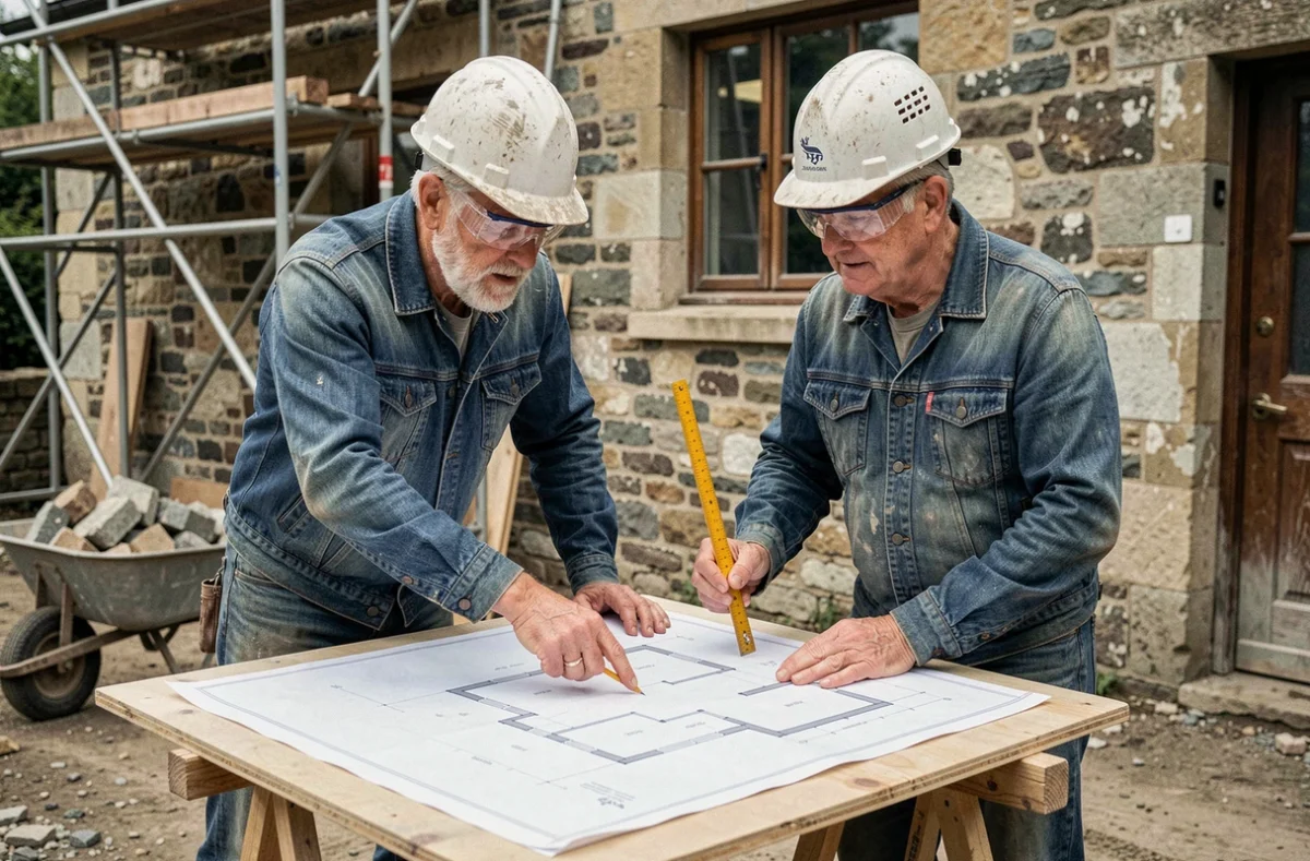 Deux ouvriers étudiant un plan de rénovation sur un chantier de maison en pierre avec échafaudage