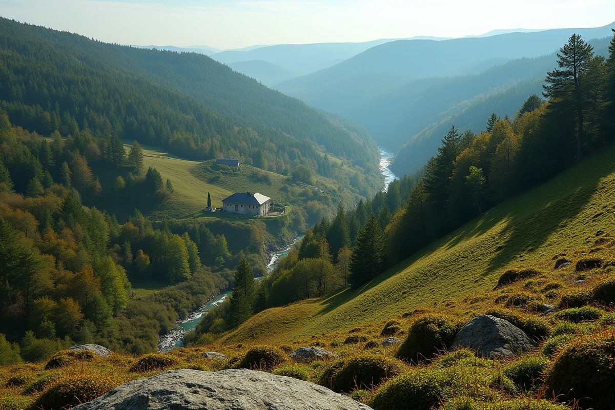 Paysage de collines boisées et ferme traditionnelle en pierre dans la campagne de Beynat en Corrèze