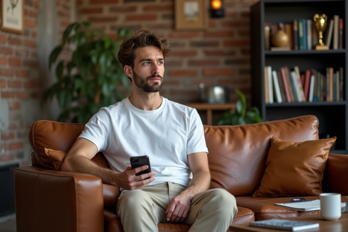 Jeune personnalité masculine assis sur un canapé en cuir dans un studio créatif éclectique tenant un smartphone, atmosphère authentique
