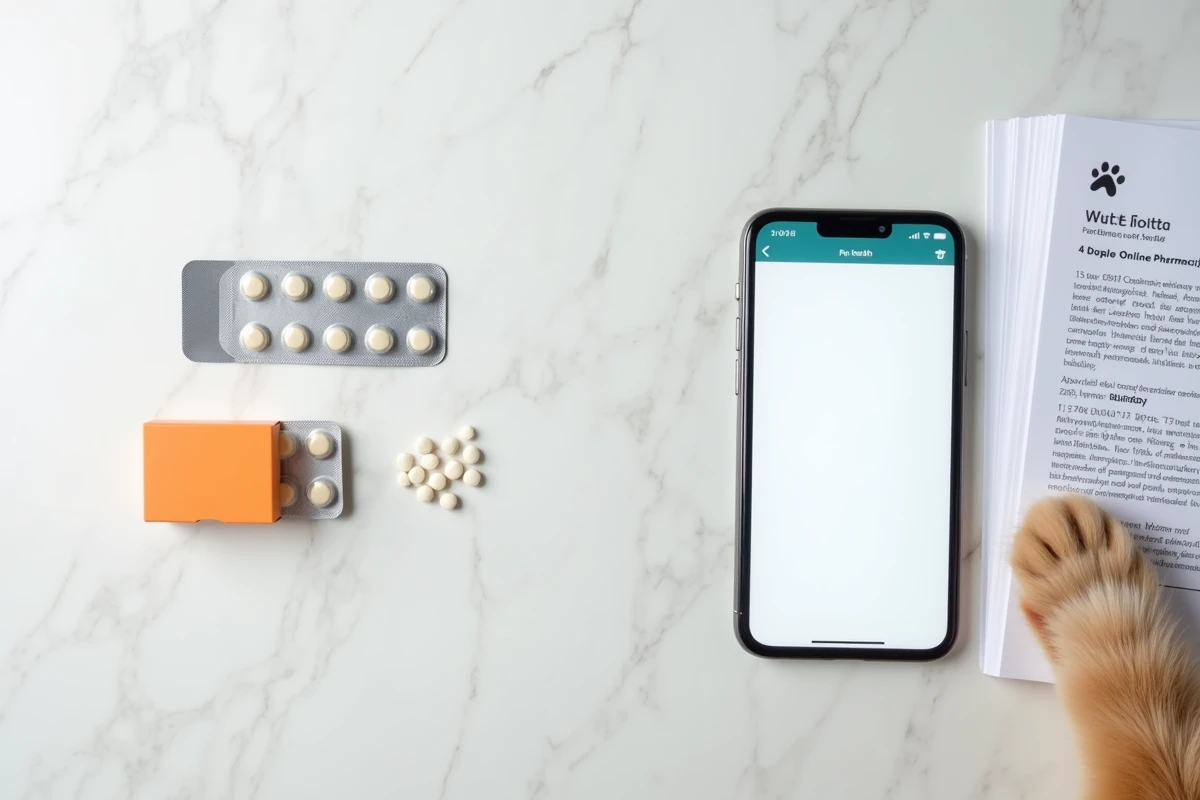 Plaquette de pilules contraceptives pour chat, boîte de médicament félin et smartphone affichant une pharmacie vétérinaire en ligne