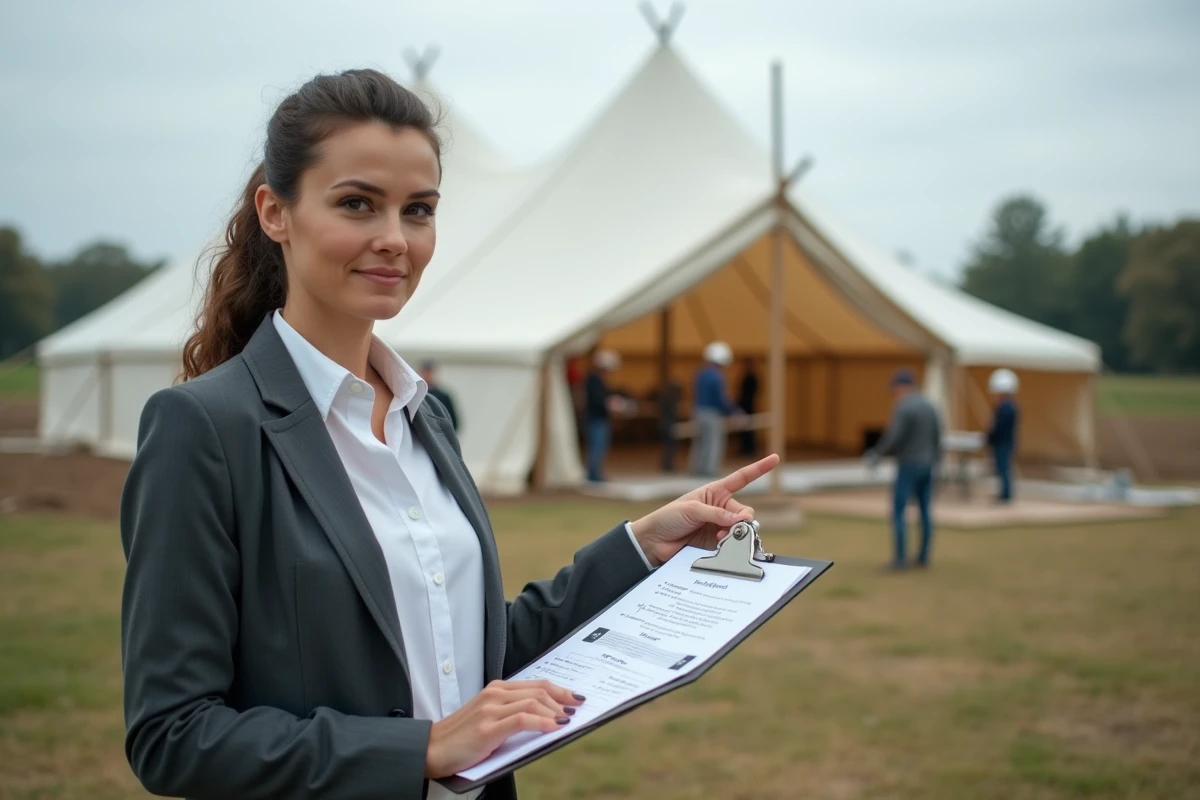 Une wedding planner consulte un plan météo de secours devant une tente de réception de mariage en cours d'installation sous un ciel nuageux