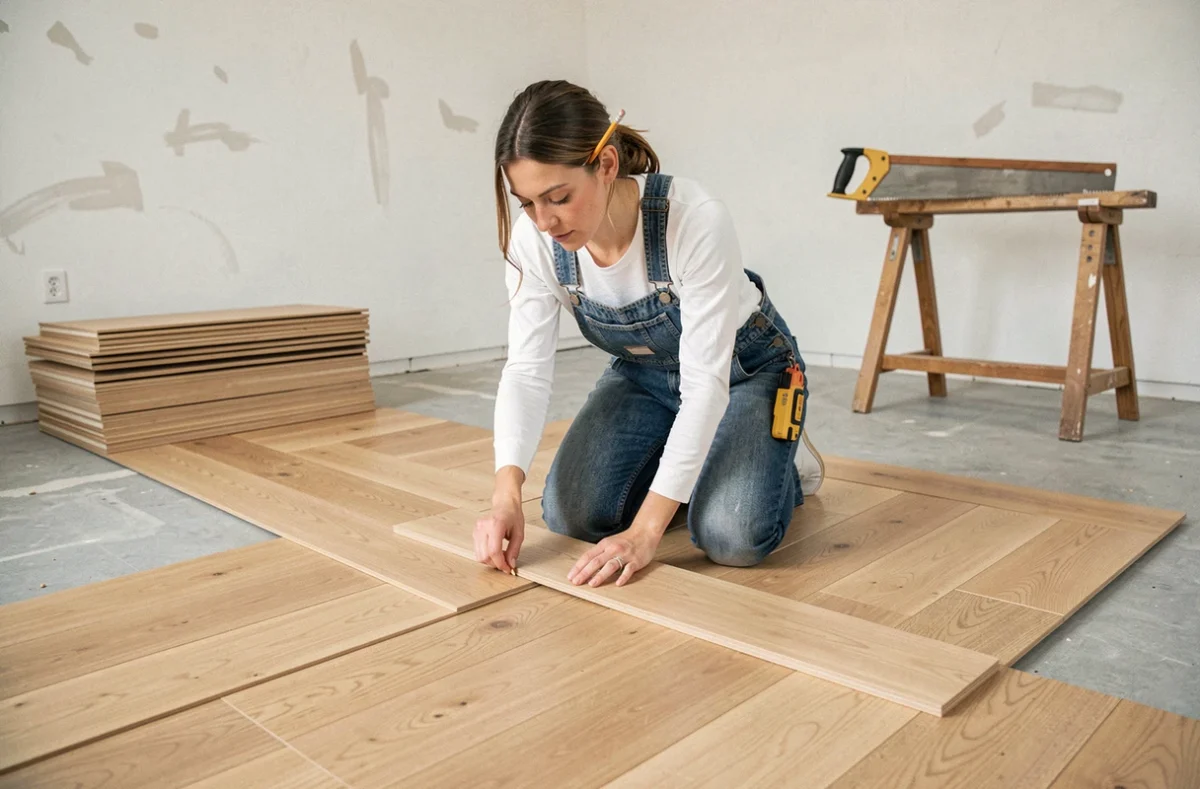 Femme posant un parquet en chêne clair dans un appartement en cours de rénovation