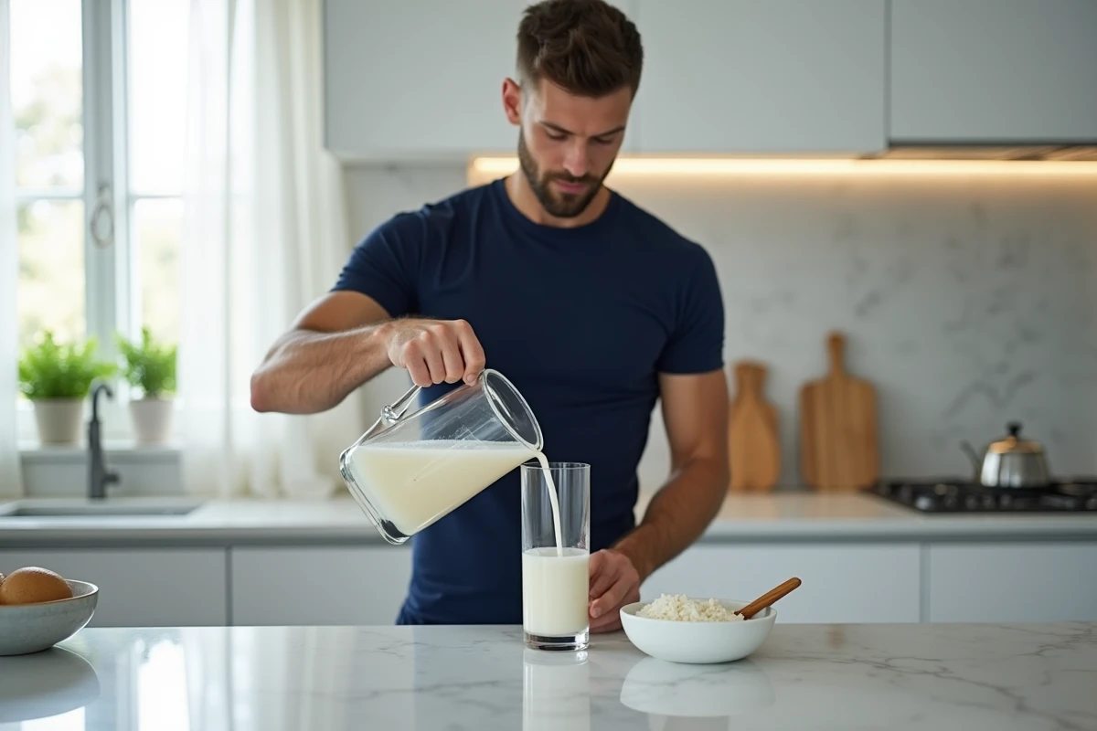 Homme sportif préparant de l'eau de riz dans une cuisine moderne après le sport