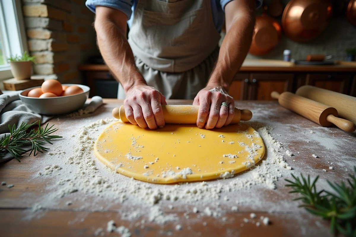 Mains masculines pétrissant de la pâte à pâtes fraîches sur une table en bois rustique dans une cuisine de ferme avec des murs en pierre
