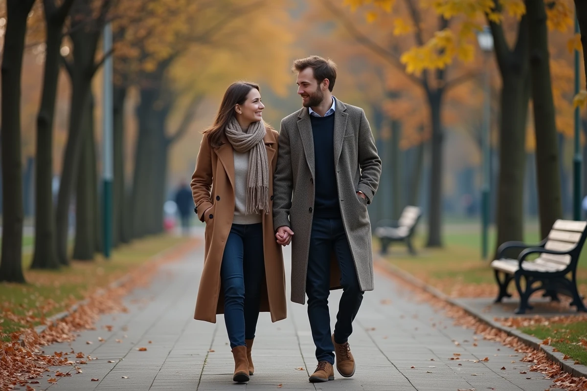 Couple marchant dans un parc en automne en tenue élégante