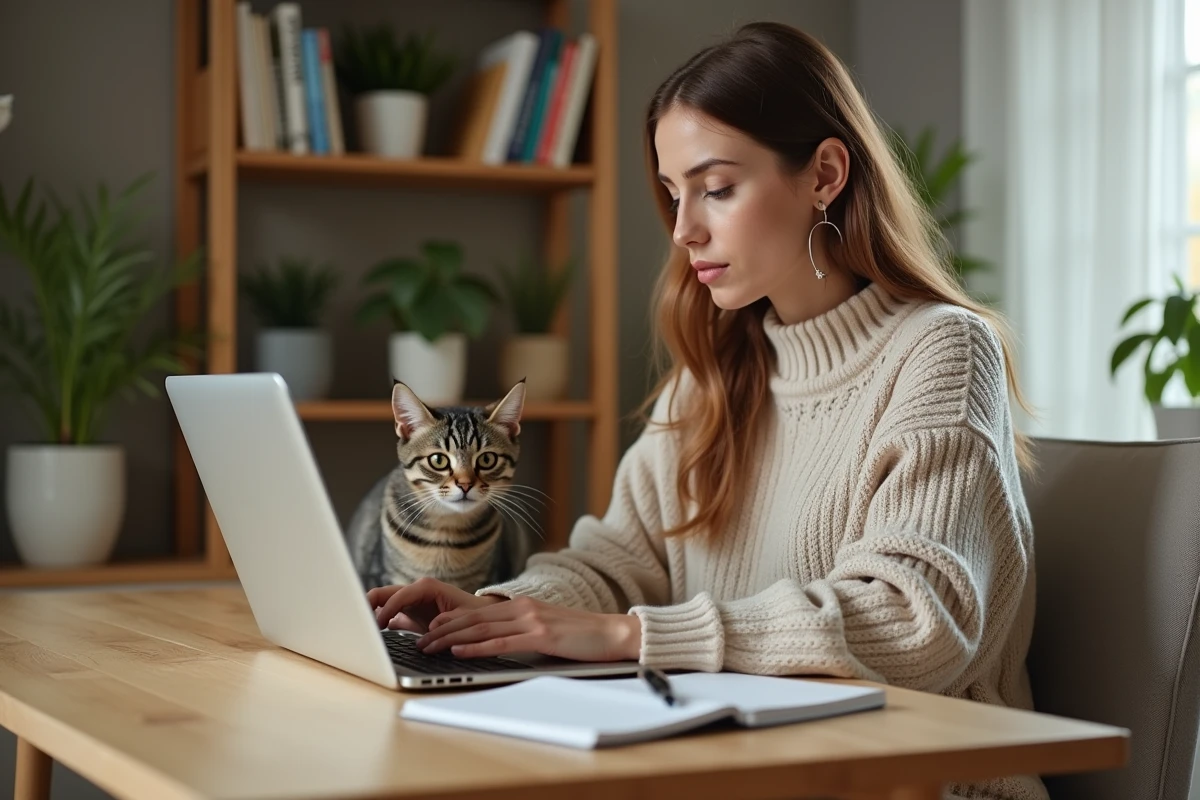 Femme recherchant en ligne des solutions de contraception pour chat sans ordonnance depuis son domicile