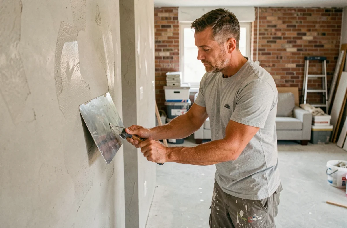 Artisan appliquant de l'enduit sur un mur en cours de rénovation intérieure avec une spatule métallique