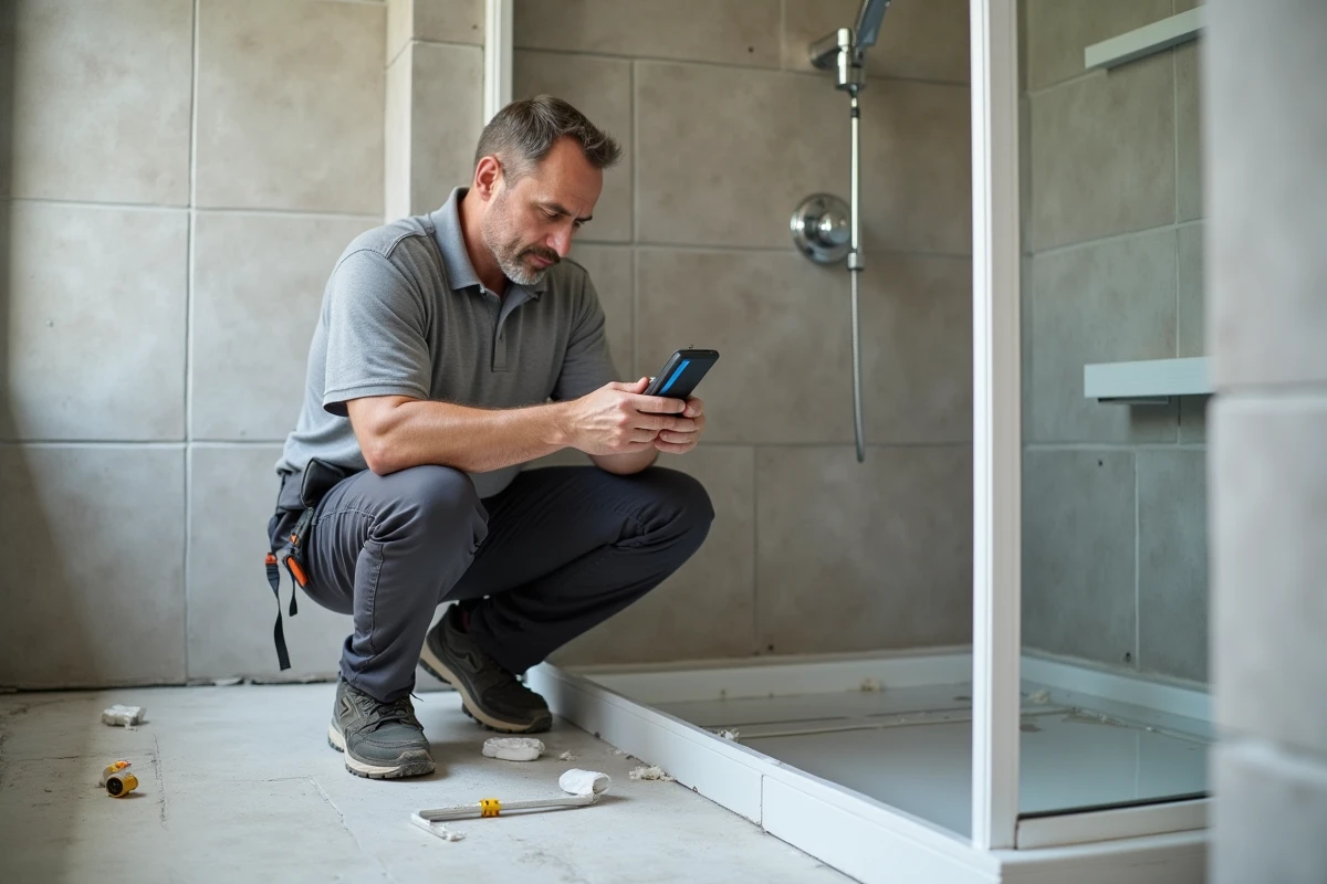 Artisan installant une douche plain-pied dans une salle de bain en cours de rénovation pour senior