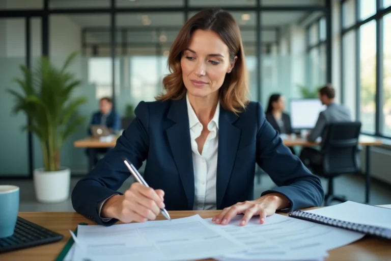 Responsable RH examinant les documents liés au dossier CSP dans un bureau moderne