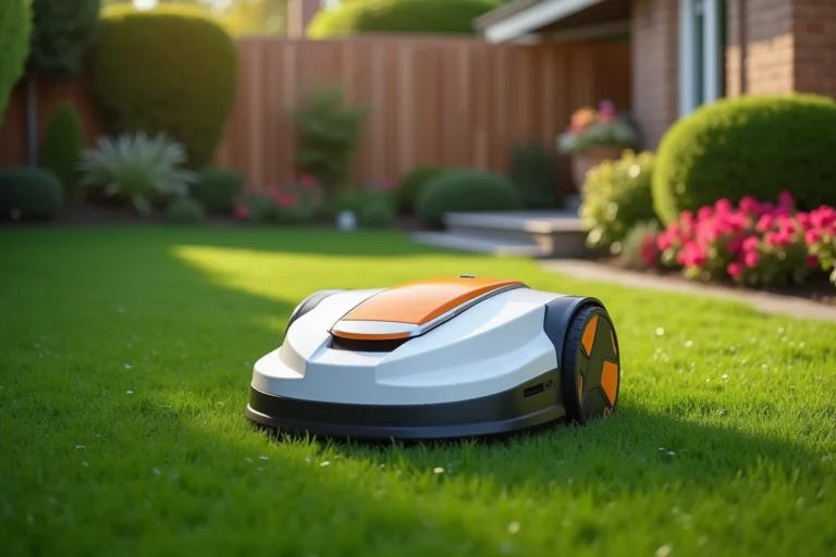 Robot tondeuse Gardena Sileno posé sur une pelouse verte parfaitement entretenue dans un jardin résidentiel