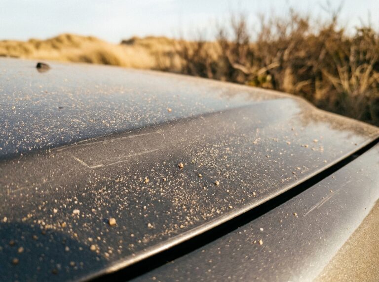 Gros plan sur une carrosserie de voiture couverte de sable fin et de poussière, illustrant les risques de rayures lors du lavage