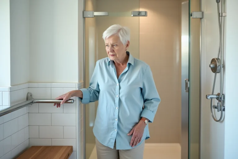 Femme senior dans une salle de bain aménagée avec barre d'appui et douche à l'italienne adaptée PMR