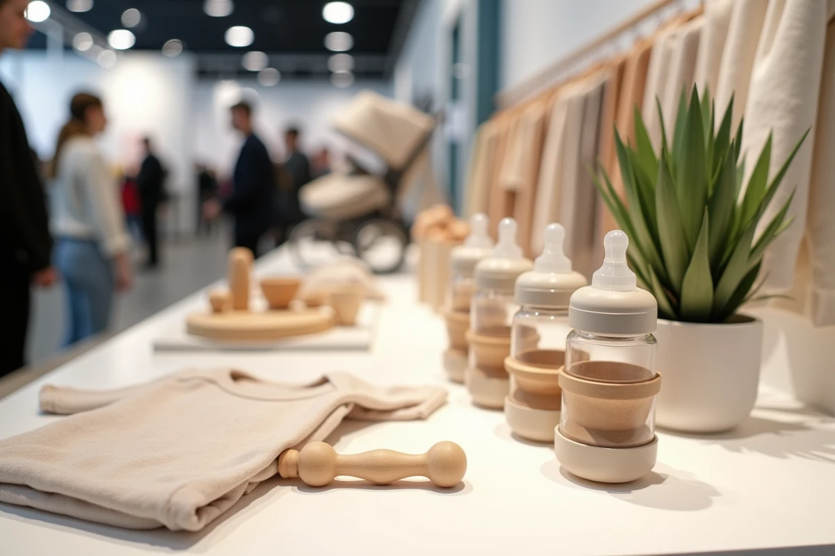 Table d'exposition de produits éco-responsables pour bébé lors d'un salon de la maternité moderne, incluant jouets en bois et vêtements en coton bio