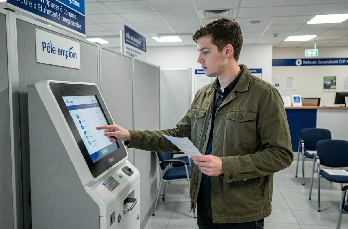 Jeune homme utilisant une borne numérique dans une agence Pôle emploi pour déclarer son engagement en service civique