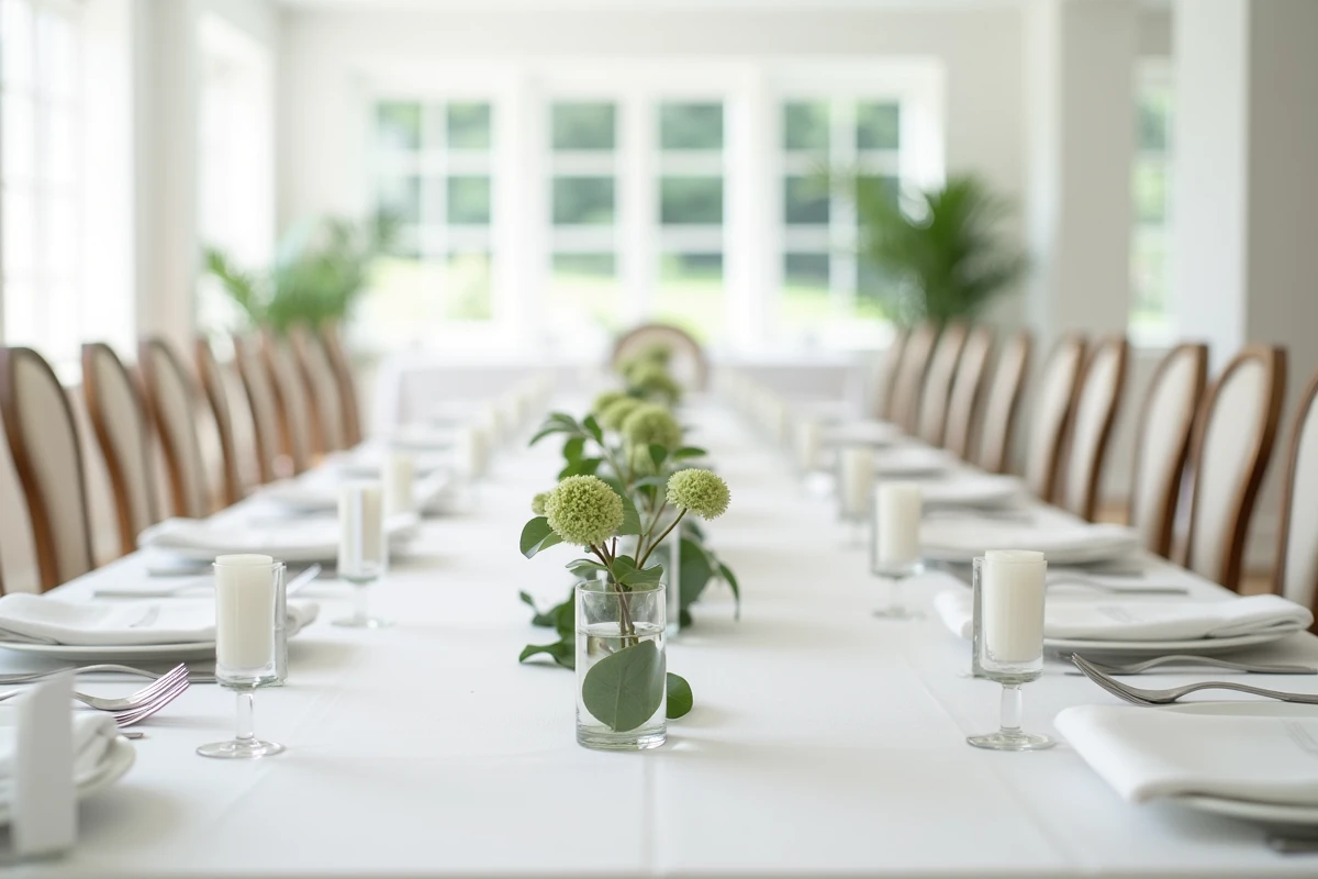 Une table de réception de mariage décorée dans un style minimaliste avec un chemin de verdure, des vases en verre et des nappes blanches épurées