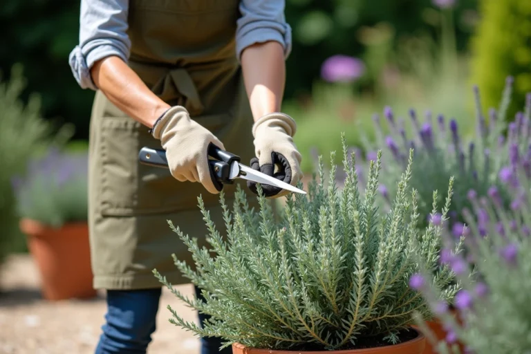 Jardinière taillant une sauge arbustive avec un sécateur dans un jardin de cottage, entourée de plantes aromatiques en pot