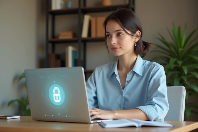 Femme utilisant un portail sécurisé en ligne sur un ordinateur portable dans un bureau à domicile