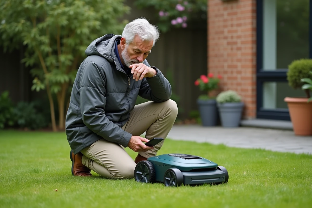 Propriétaire utilisant son smartphone pour configurer son robot tondeuse connecté dans son jardin