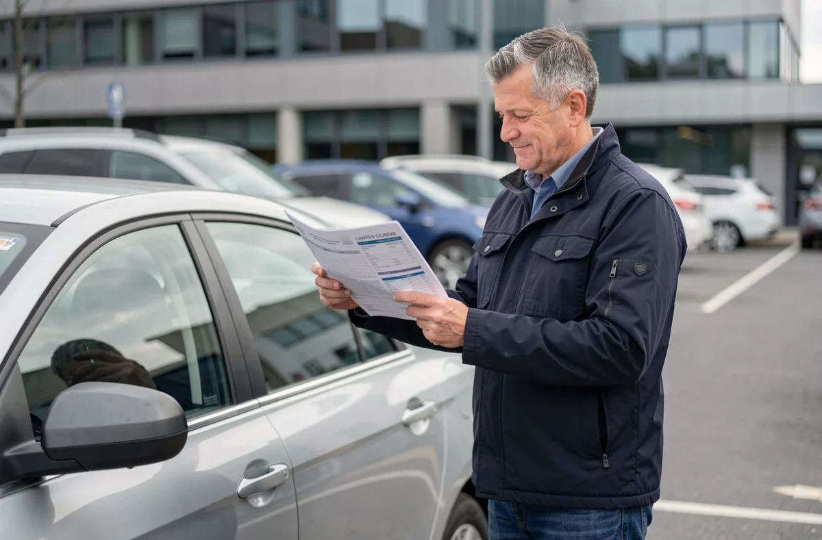 Homme vérifiant sa carte grise à côté de son véhicule dans un parking