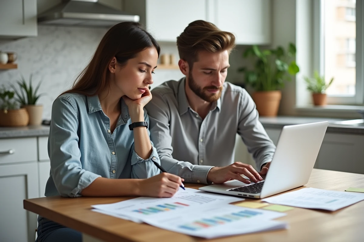 Un couple consulte un budget de mariage sur un ordinateur portable avec des feuilles de calcul et des notes posées sur la table de cuisine