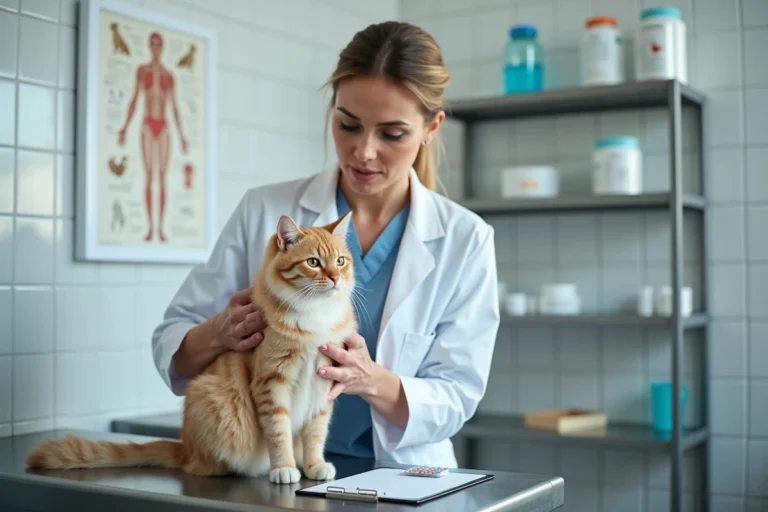 Vétérinaire examinant un chat sur une table de consultation avec une plaquette de médicaments contraceptifs félins