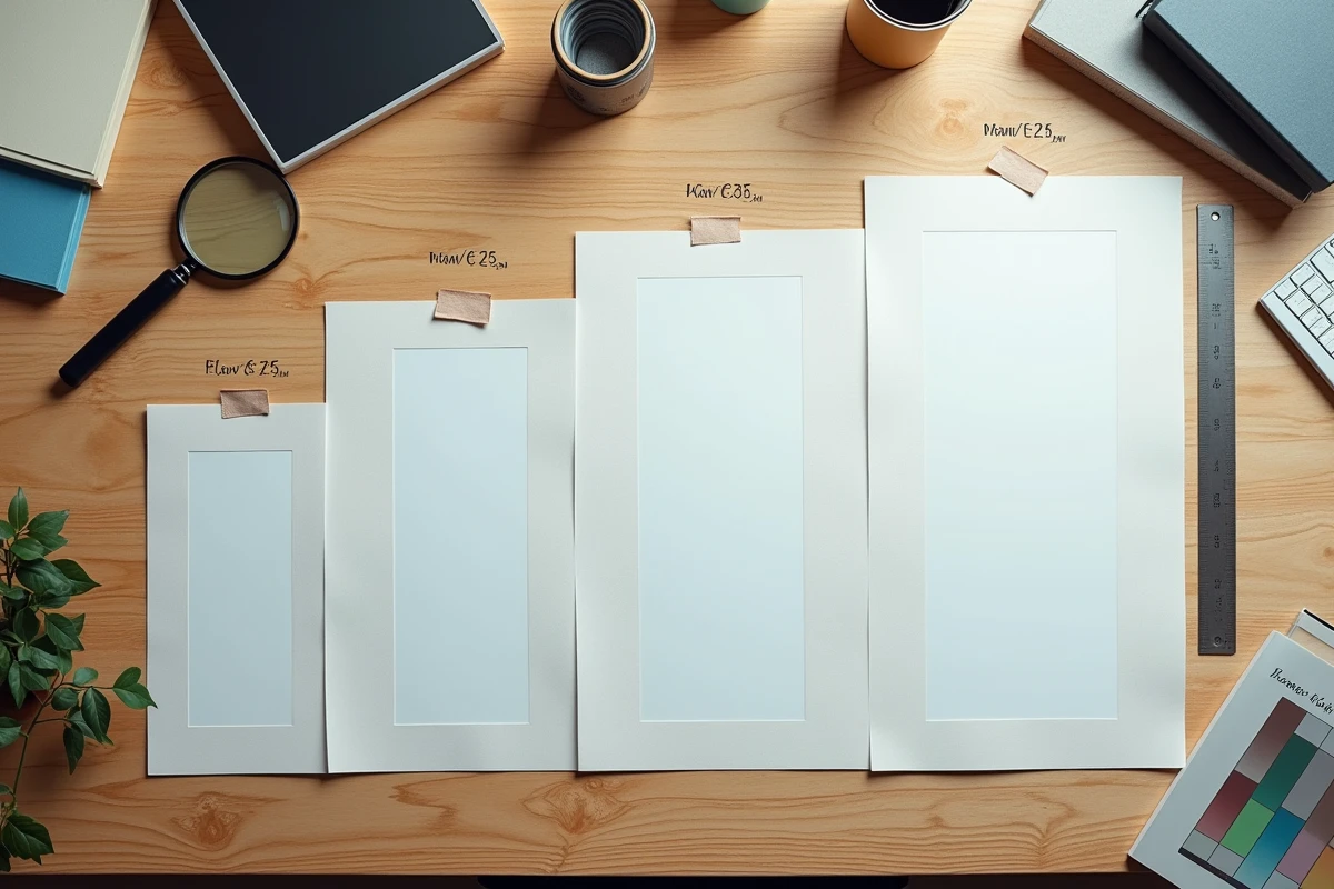 Vue de dessus de plusieurs formats d'affiches publicitaires imprimées annotées sur une table de travail en bois